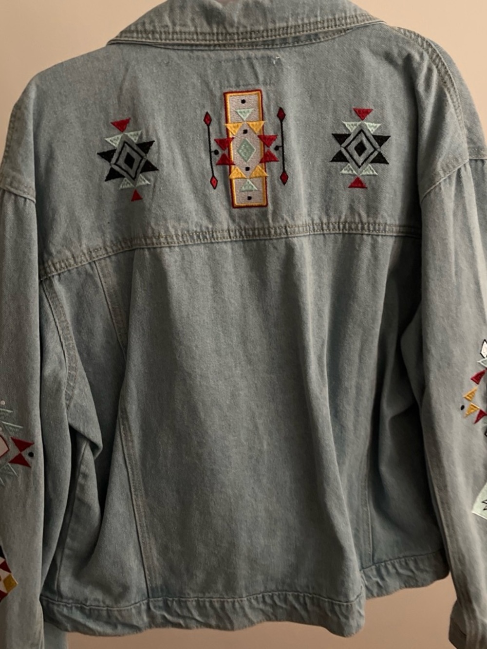 Light Blue Embroidered Denim Jacket with Southwestern Motif
